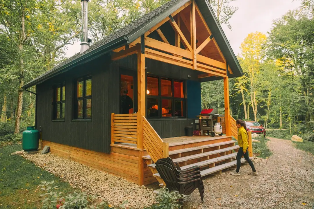 Boutique cabin rental at dusk
